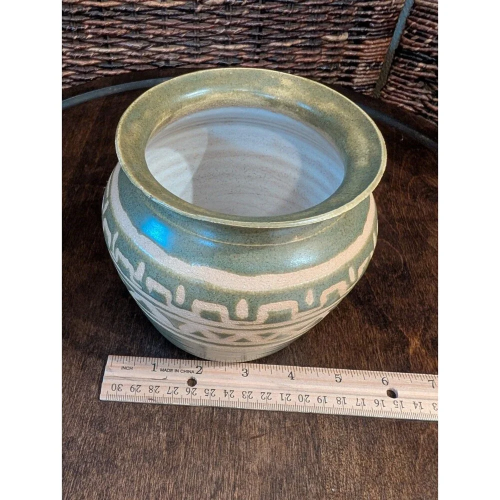 Art Pottery Vase Artist Signed Glaze over Clay Green Aztec Boho Southwestern